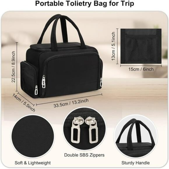 Large Travel Toiletry Bag for Women Makeup Organizer Cosmetic Pouch Black - Picture 2 of 7